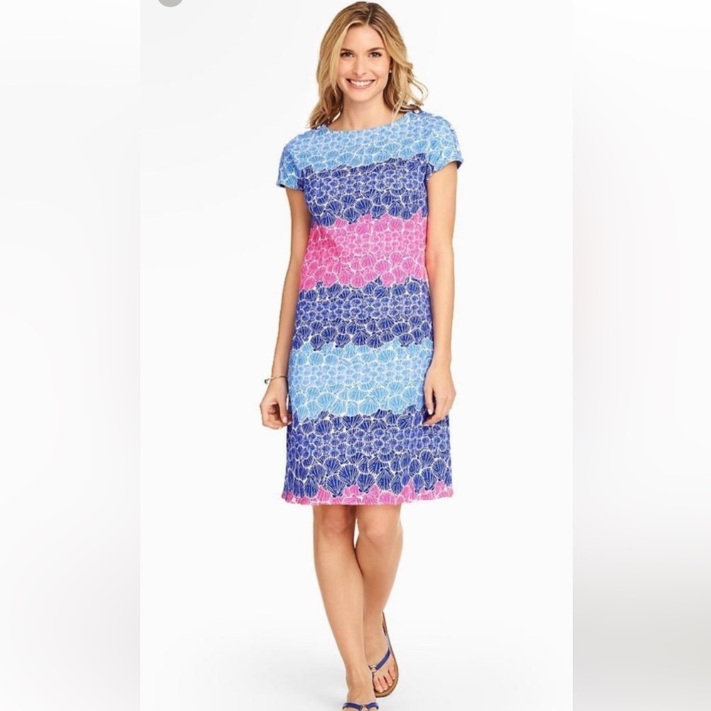 Talbots Blue Pink Color Block Seashell Beach Dress M Petite